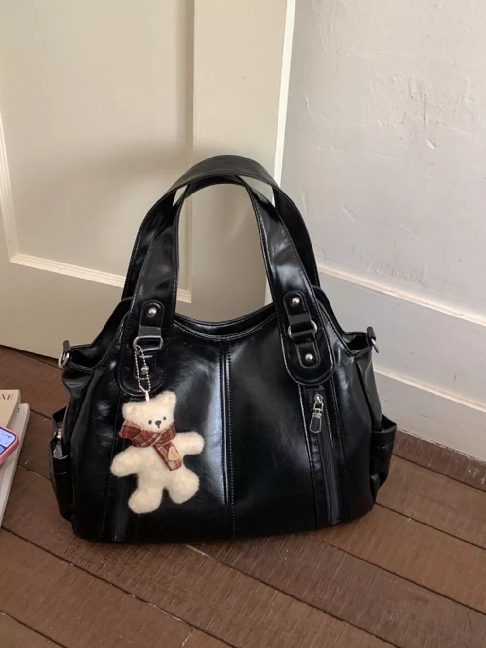 Leather Shoulder Bag with Bear Charm, image 2