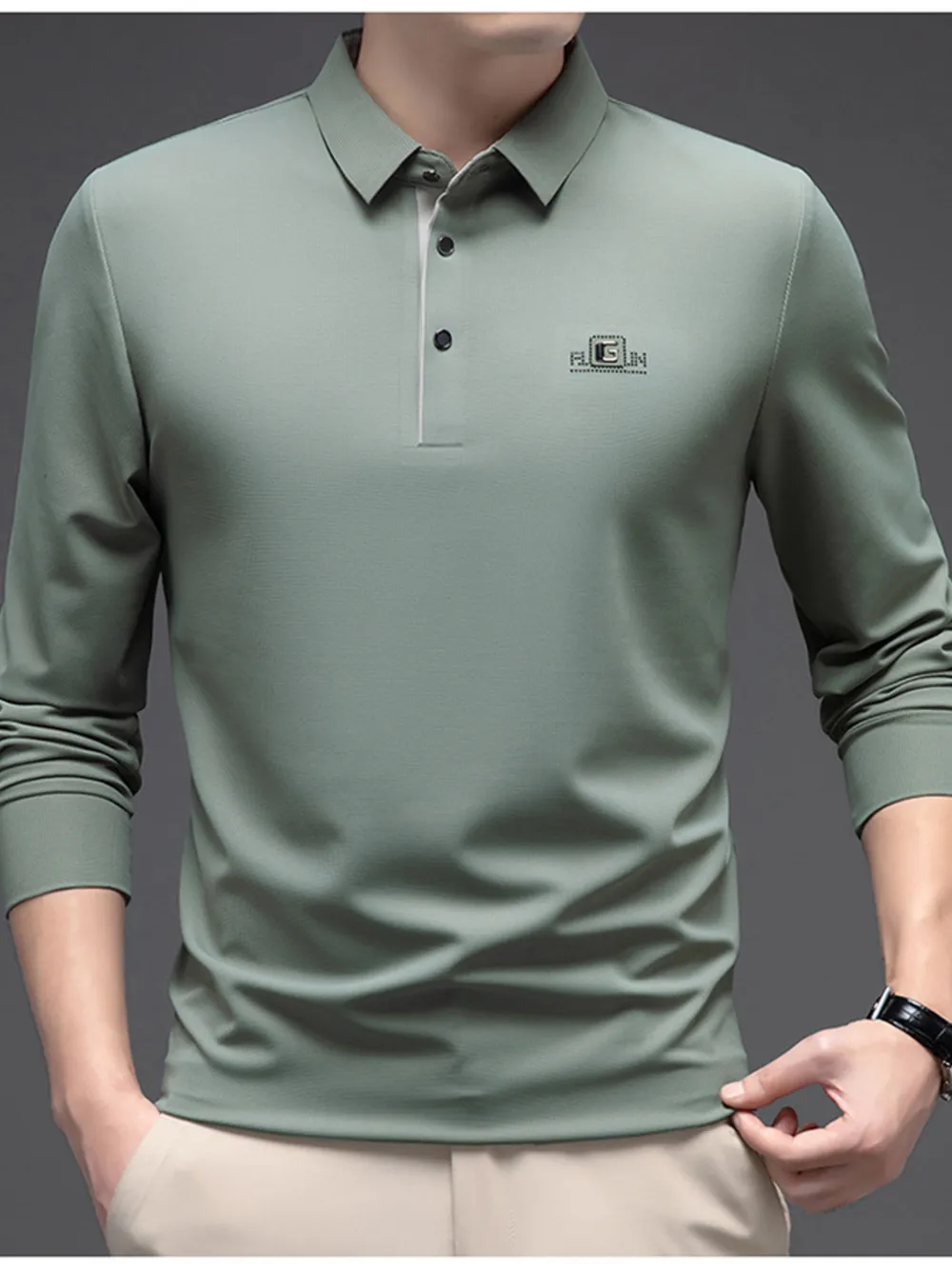 Men's Plus Size Button Detail Long Sleeve Polo, image 2