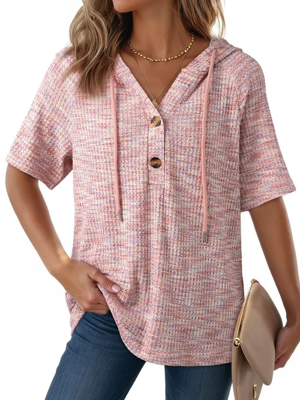 Drawstring Short Sleeve Hooded Top, image 2