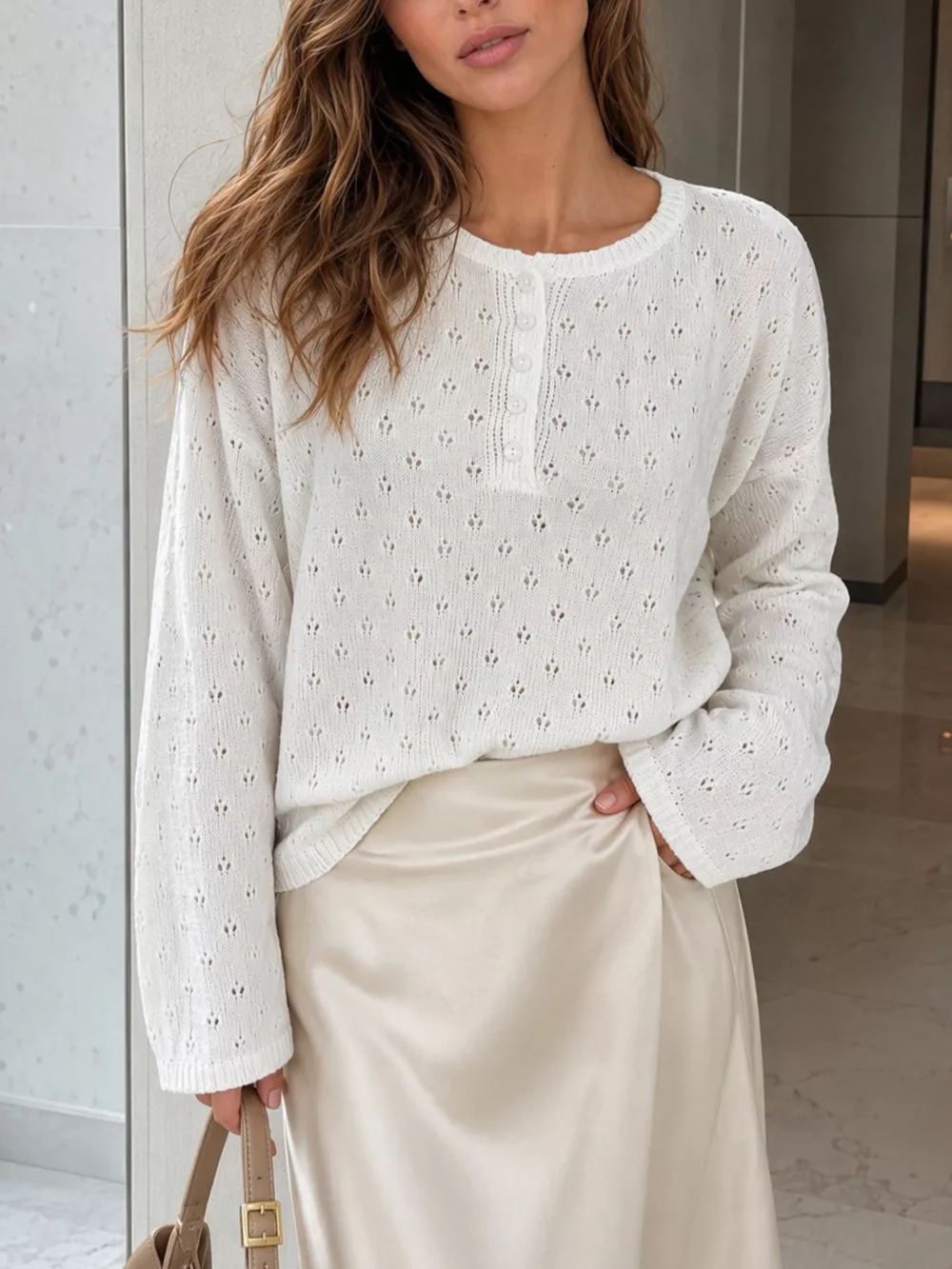 Pointelle Button-Front Round Neck Knit Top