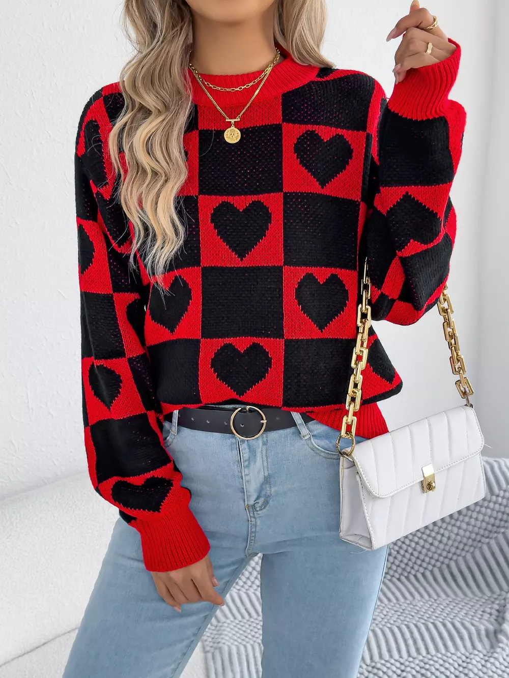 Heart Checkerboard Pattern Round Neck Sweater