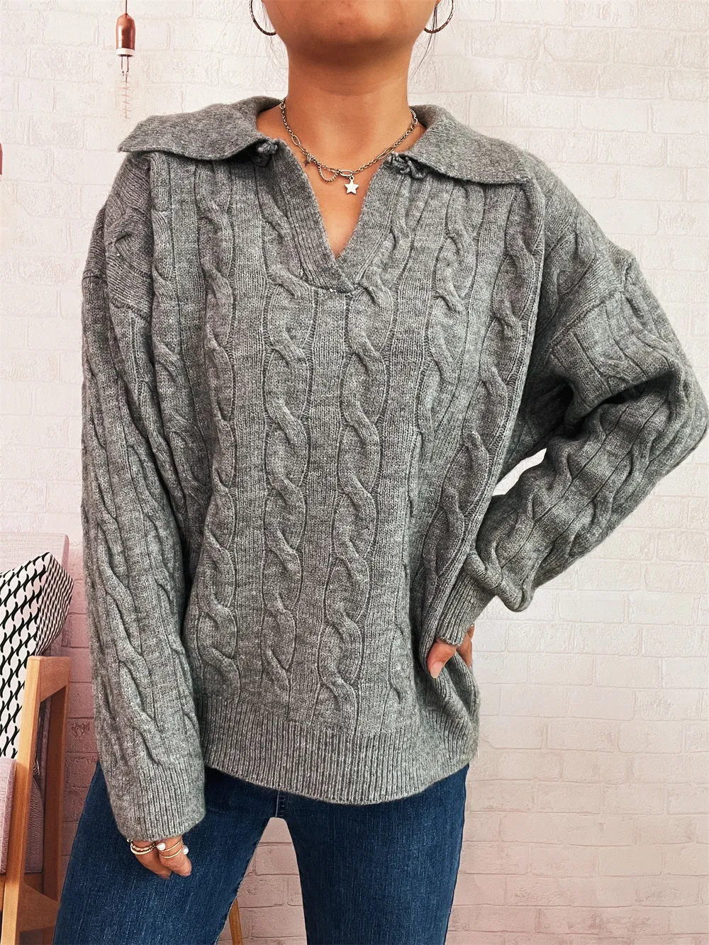 Cable Knit Johnny Collar Sweater, image 3