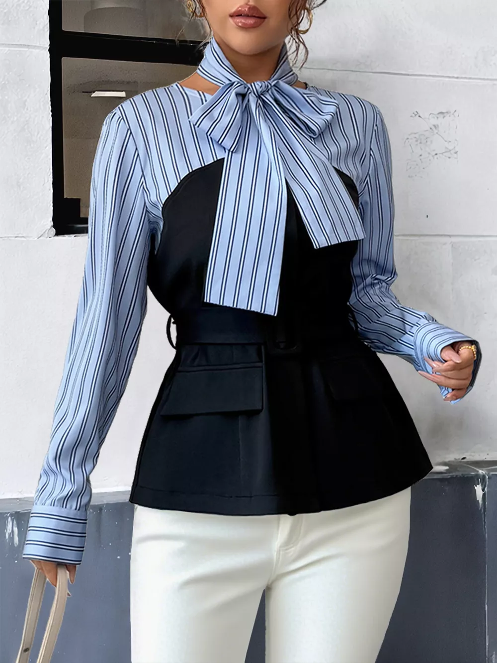Striped Long Sleeve Blouse with Bow Tie, image 7