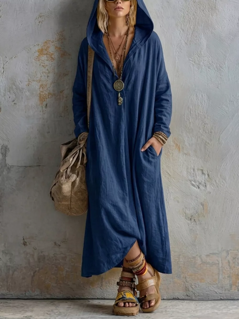 Long Sleeve Hooded Midi Dress with Pockets, image 7