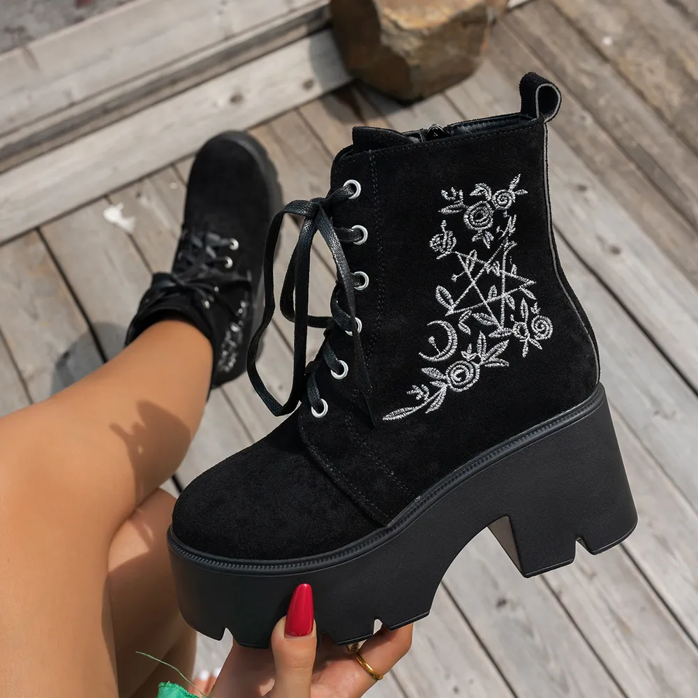 Floral Embroidered Platform Combat Boots, image 3