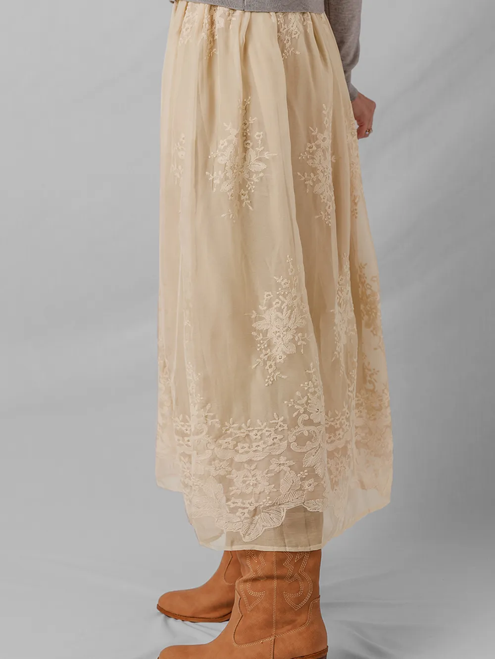 Embroidered Mesh Overlay Flowy Midi Skirt, image 7