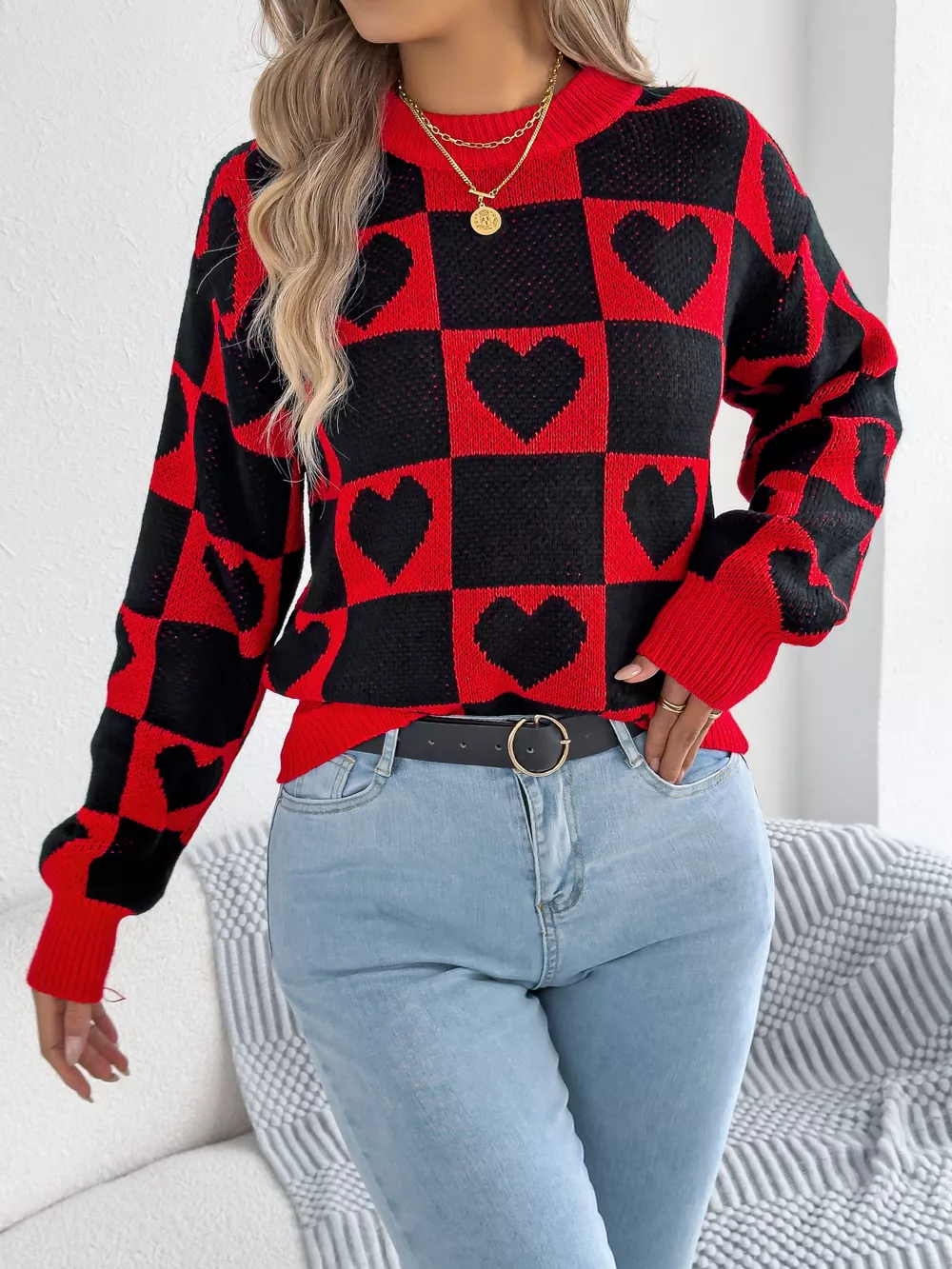 Heart Checkerboard Pattern Round Neck Sweater, image 6