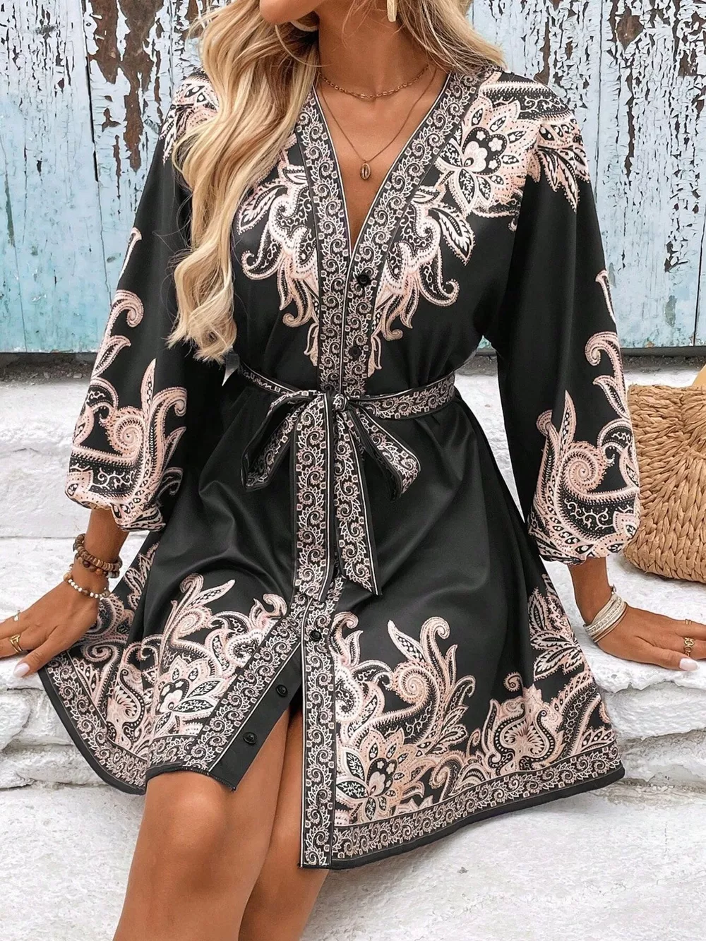 Paisley Print V-Neck Belted Mini Dress, image 11