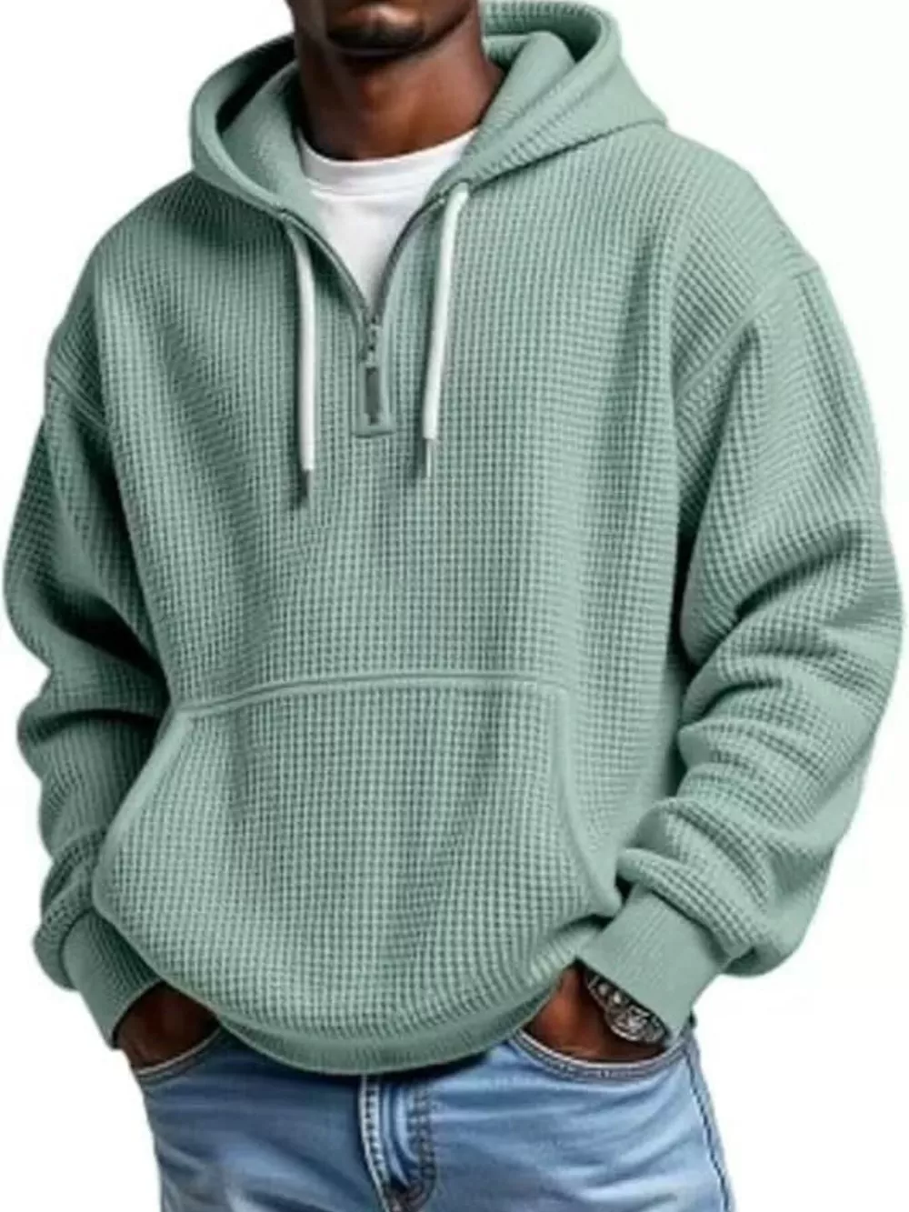 Men's Full Size Textured Waffle Knit Half-Zip Hoodie Plus Size, image 16