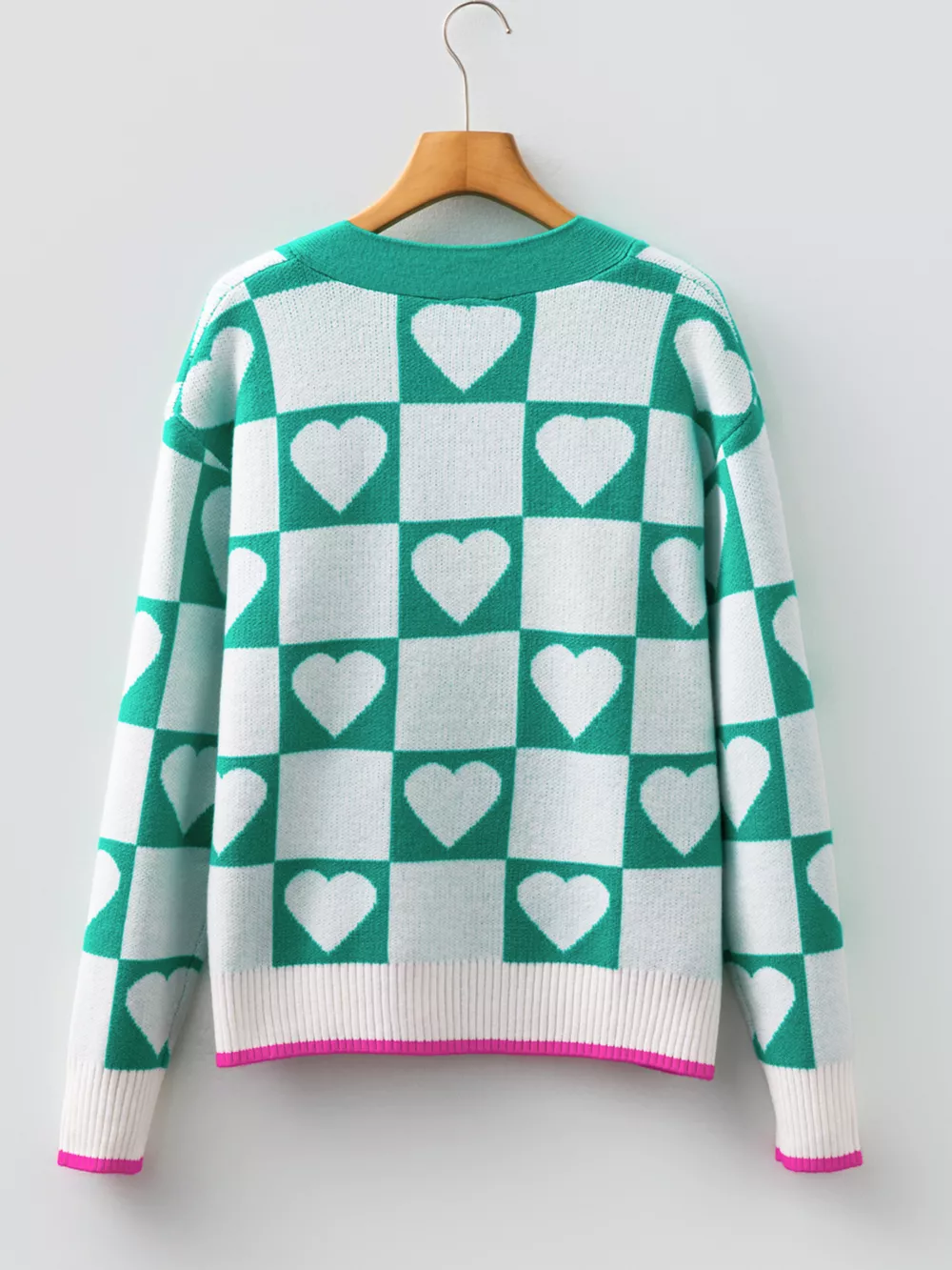 Plaid Heart Knit V Neck Button Down Sweater Cardigan, image 9