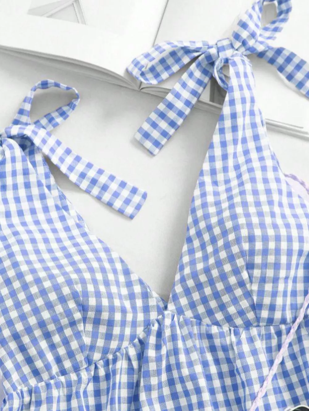 Gingham Tie-Shoulder Ruffle Hem Mini Dress, image 8