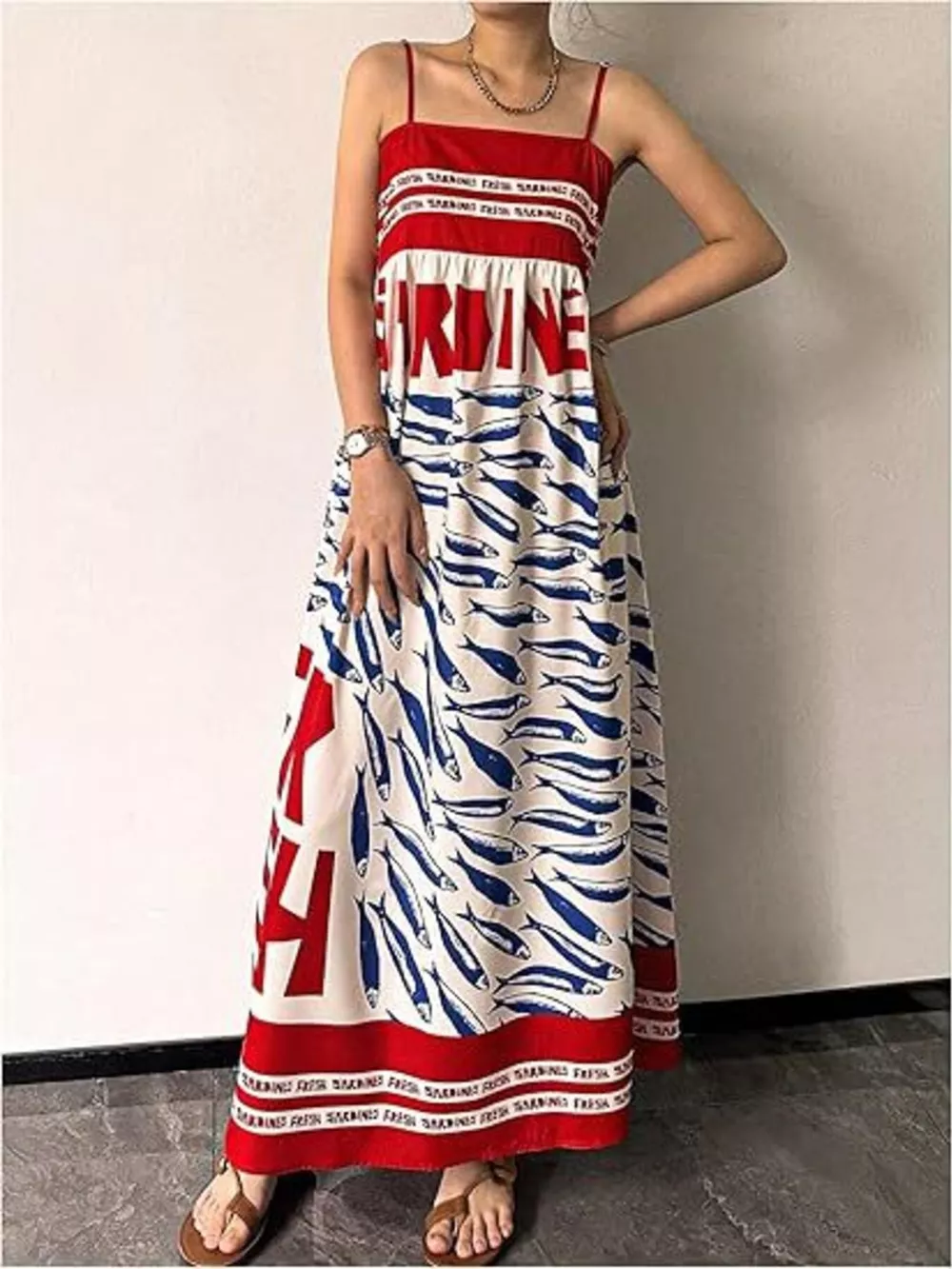 Sardine Print Spaghetti Strap Maxi Dress, image 5