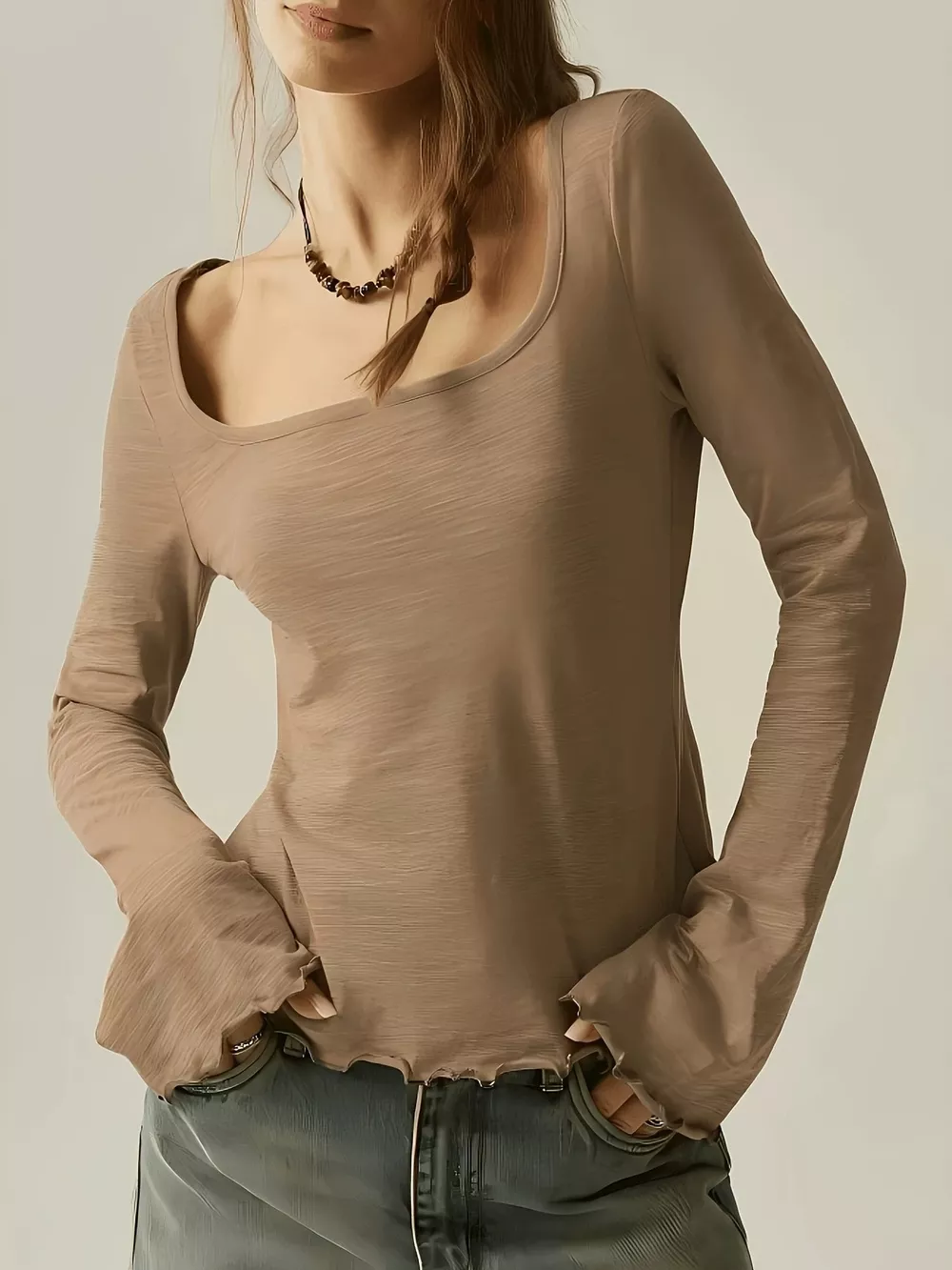 Long Sleeve Square Neck Slim-Fit T-Shirt, image 11