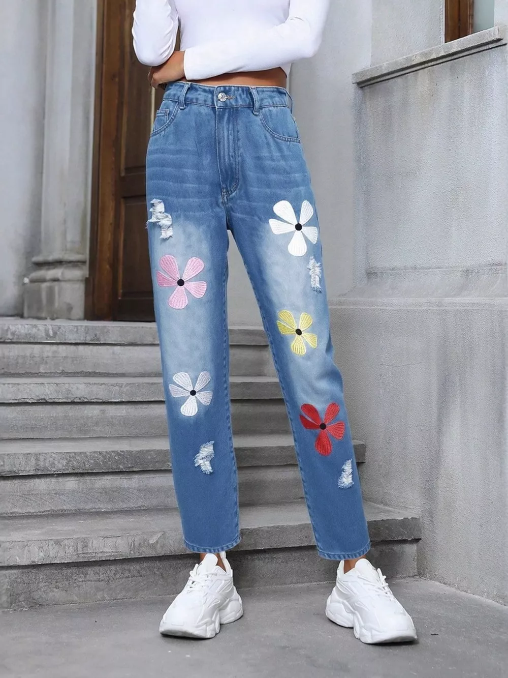 Floral Embroidered High Waist Distressed Jeans, image 2