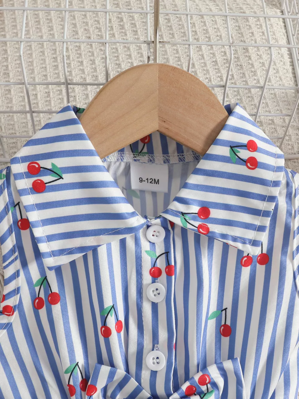 Children's Cherry Print Striped Sleeveless Romper with Headband, image 2