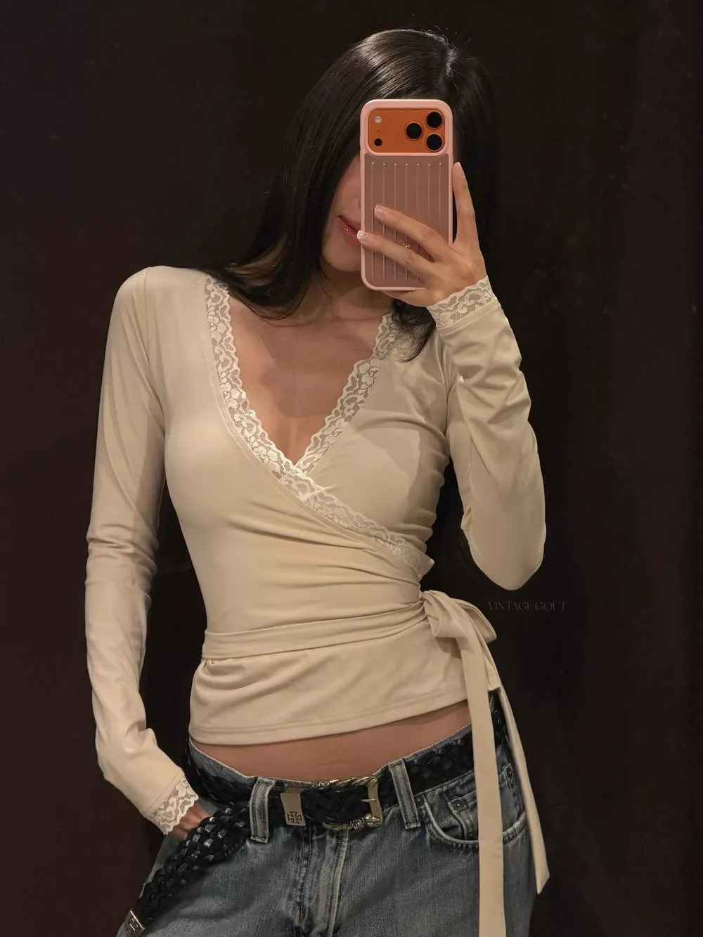 Lace-Trimmed Long Sleeves Wrap Blouse, image 3