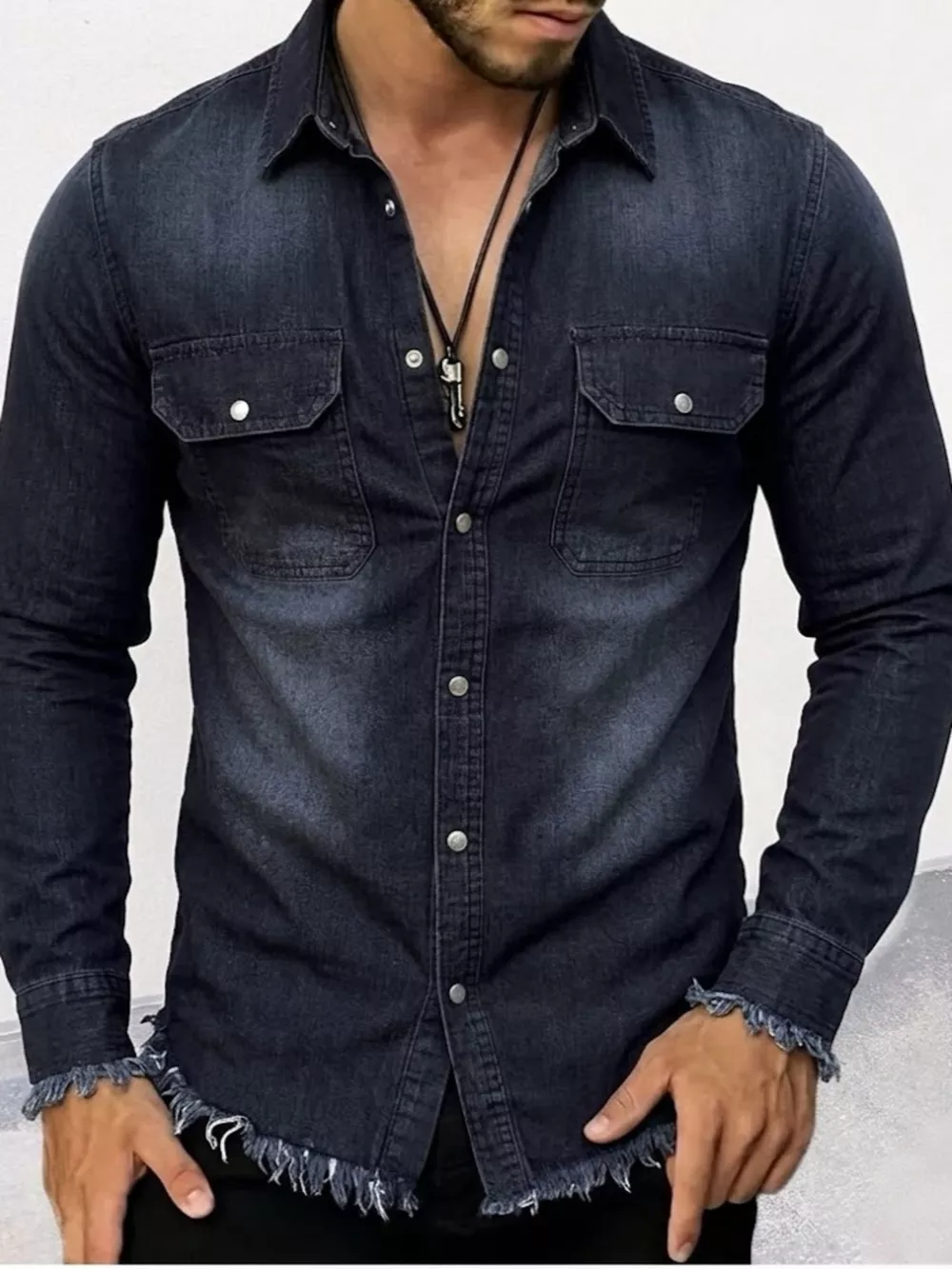 Men's Frayed Hem Denim Shirt, image 4