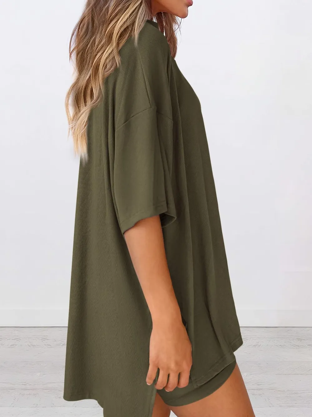 Full Size Oversized Slit Round Neck Top and Shorts Lounge Set Plus Size, image 20