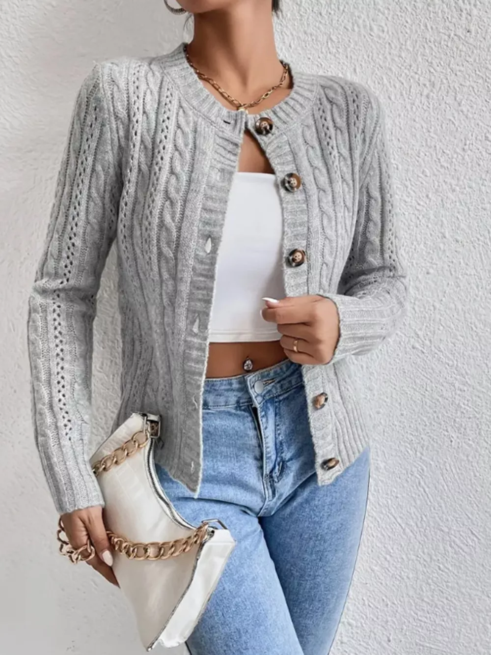 Cable Knit Button-Up Cardigan, image 11