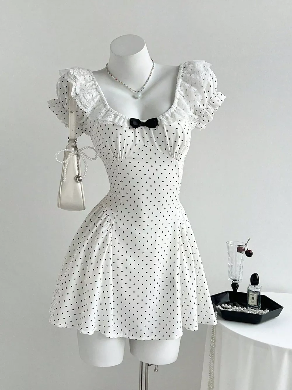Lace Detail Polka Dot Mini Dress
