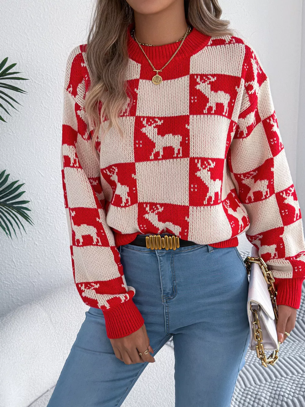 Reindeer Checkerboard Pattern Pullover Sweater, image 4