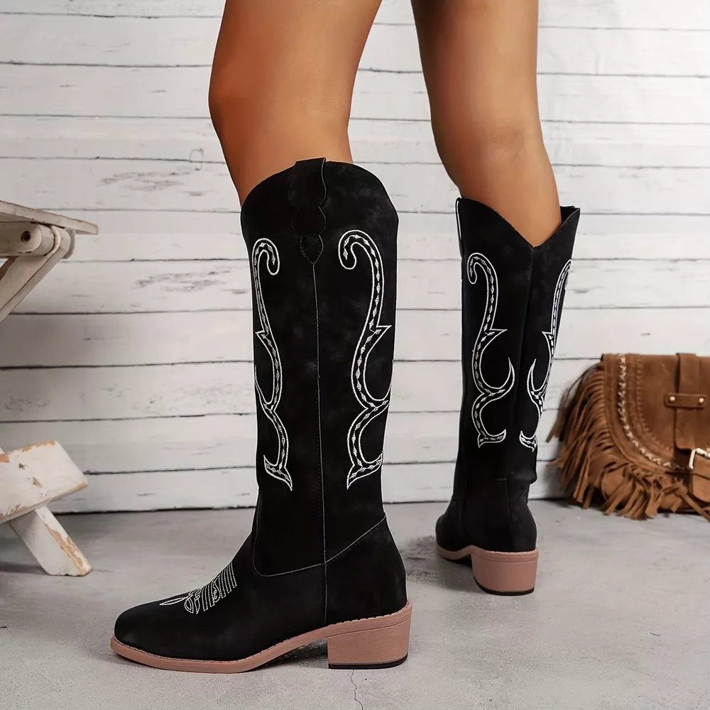 Embroidered Round Toe Block Heels Boots, image 5