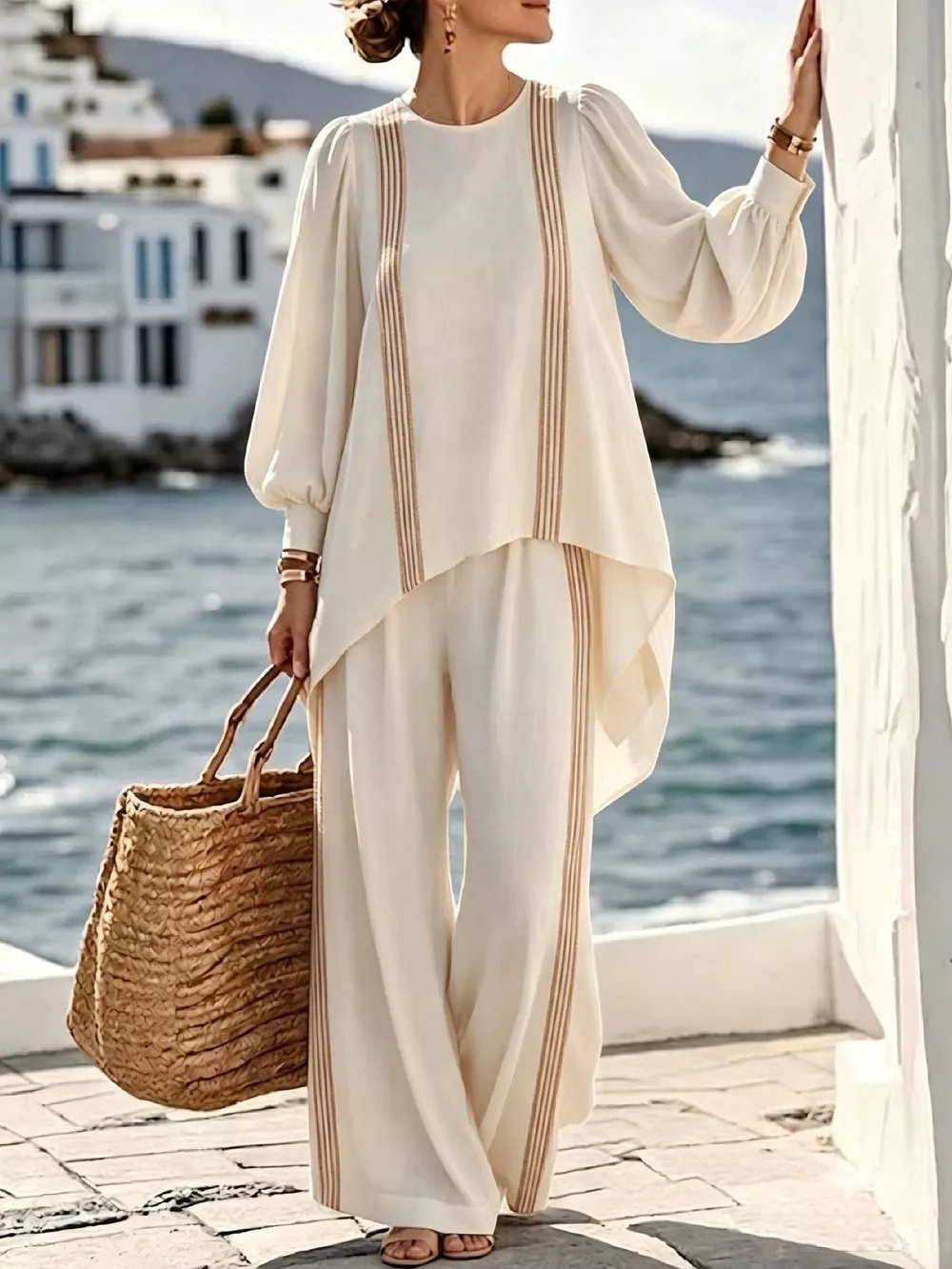 Full Size Striped Round Neck Top and Pants Set Plus Size, image 2