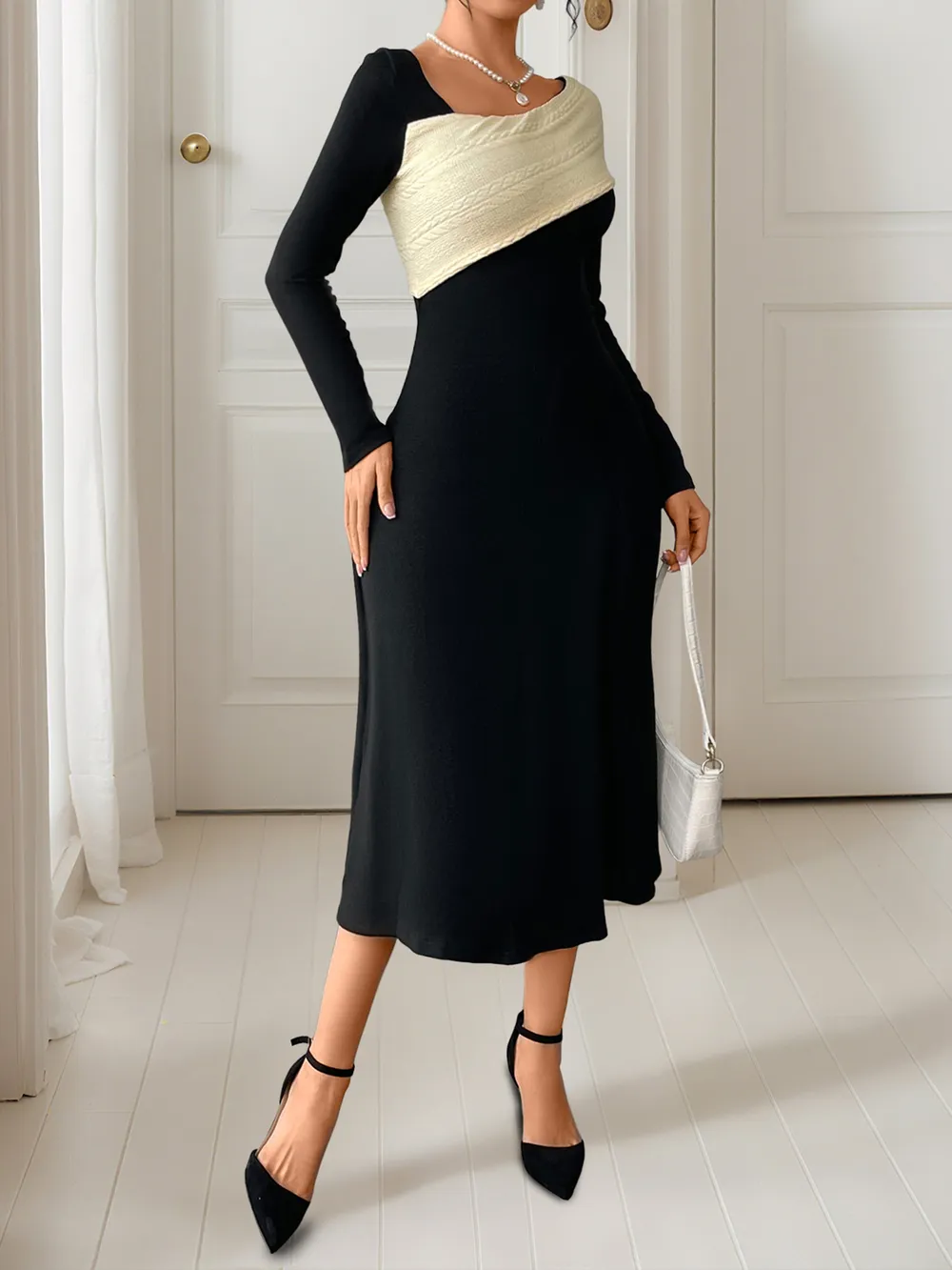 Asymmetrical Contrast Long Sleeve Dress, image 8