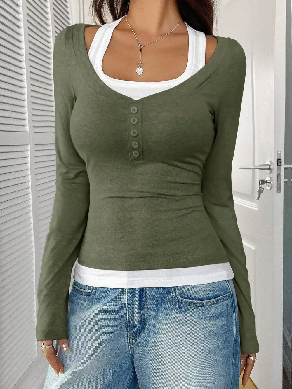 Scoop Neck Long Sleeve Fake Two-Piece T-Shirt, image 9
