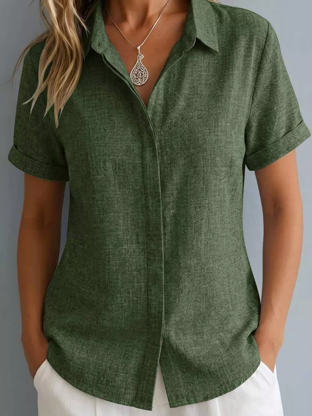 Full Size Collared Neck Short Sleeve Shirt Plus Size, image 15