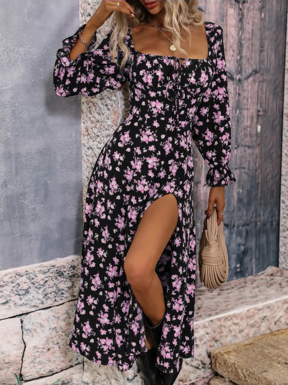 Floral Print Square Neck Flounce Sleeve Dress with Side Slit, image 12
