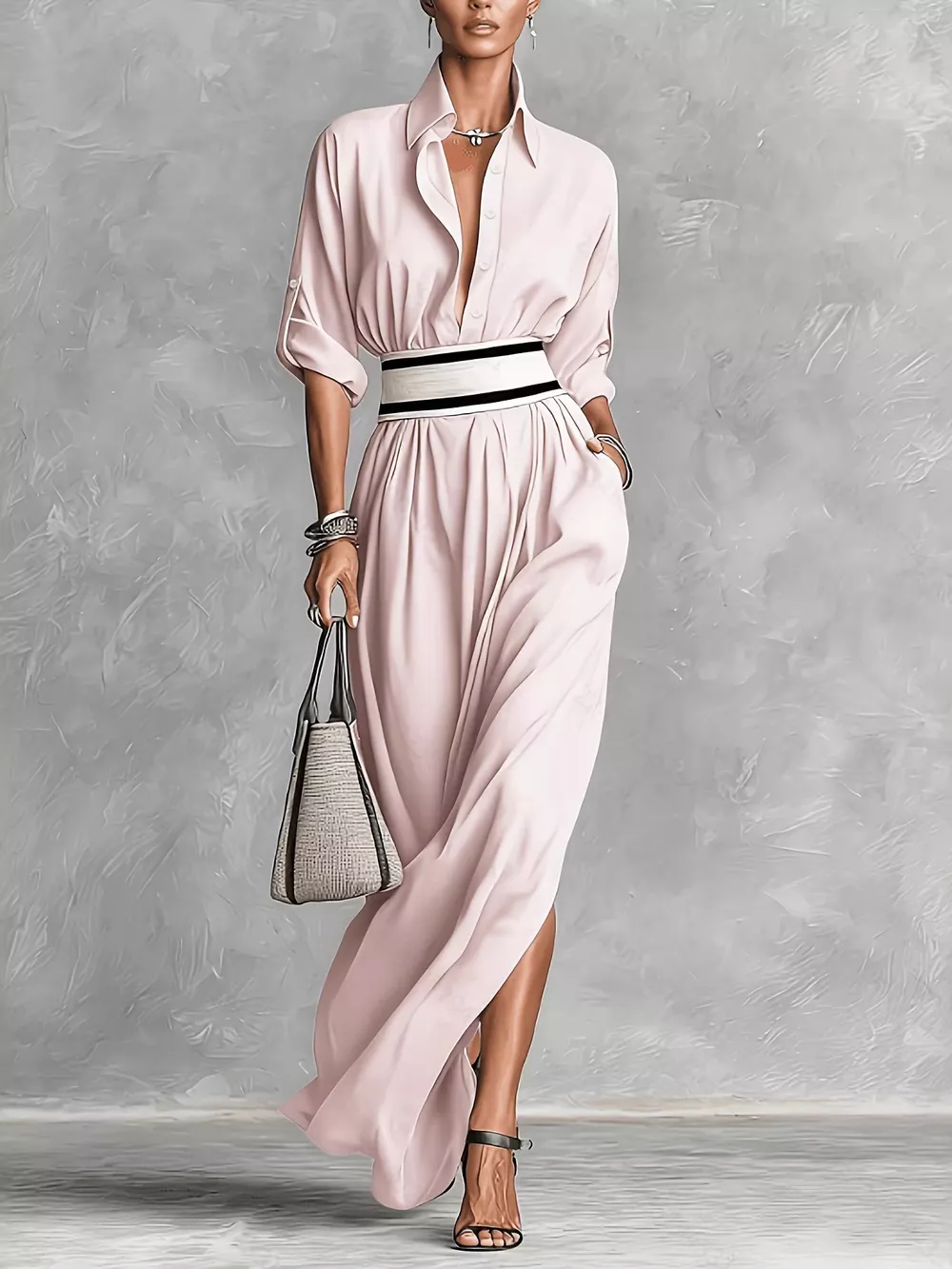 Slit Roll-Up Sleeve Maxi Dress