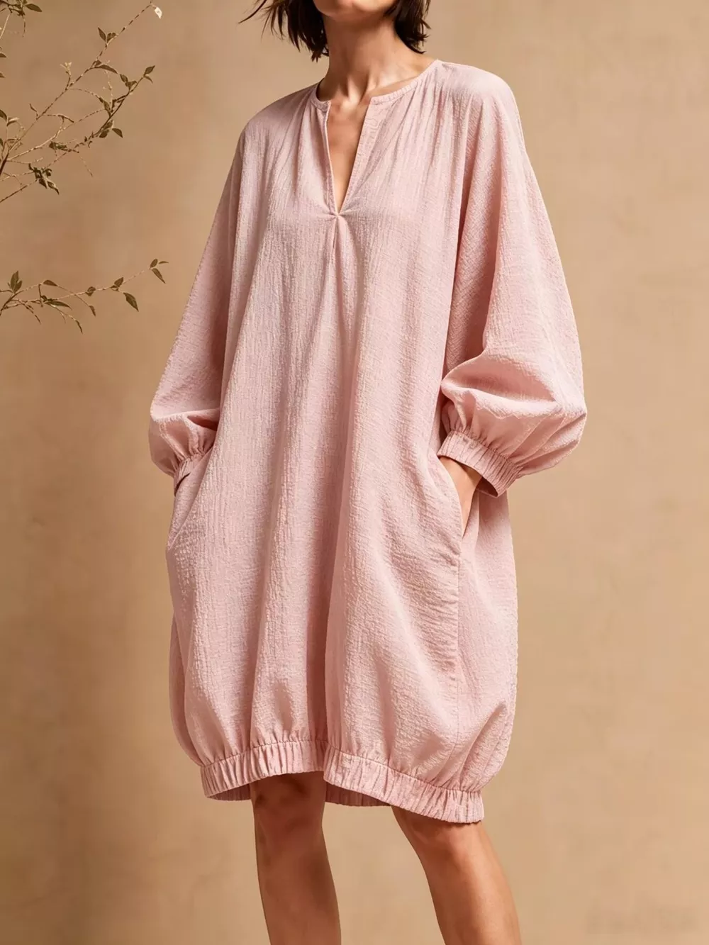Casual Loose-Fit Balloon Sleeve Mini Dress with Pockets