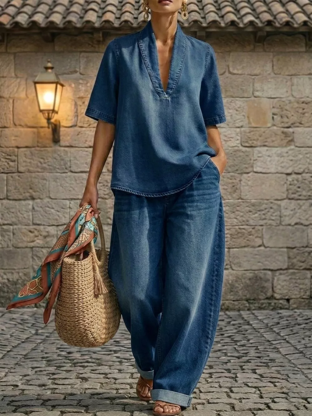 Full Size Half Sleeve Top and Wide Leg Pants Set Plus Size, image 4