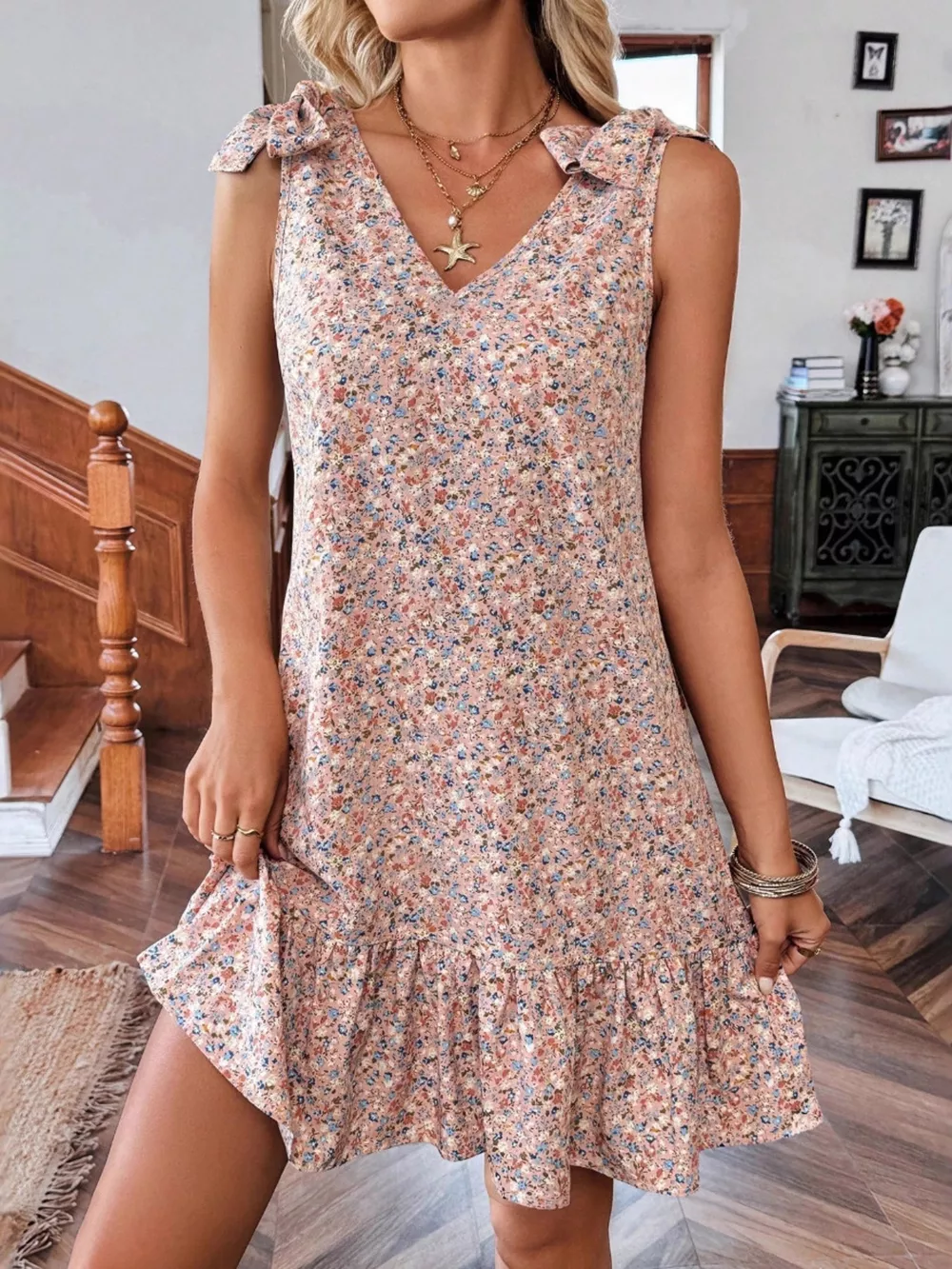 Floral Print Tie Strap Ruffle Hem Mini Dress, image 2
