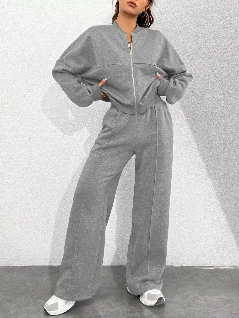 Casual Solid Color Zipper Jacket and Wide Leg Pants Set, image 21