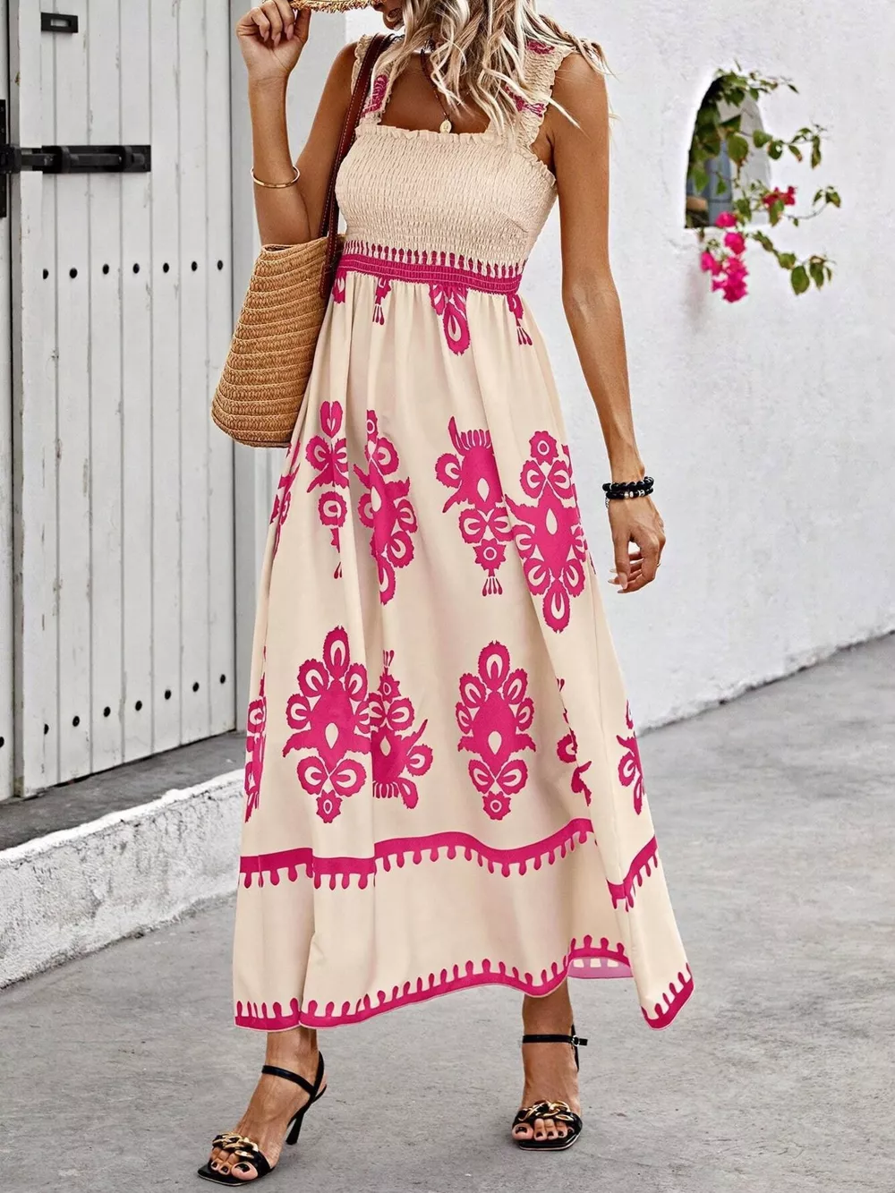 Smocked Printed Square Neck Maxi Dress, image 6