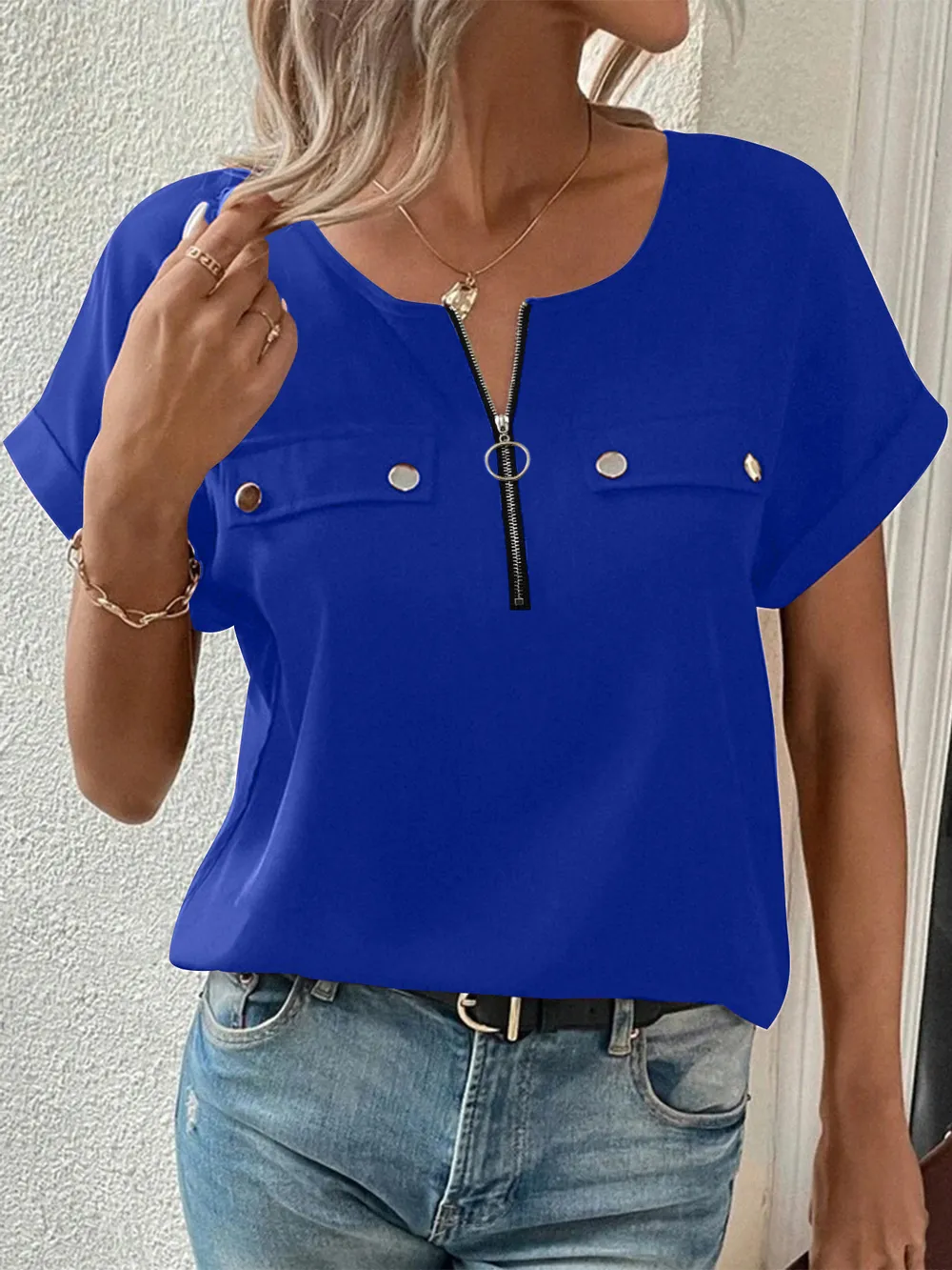 Casual Zipper Front Short Sleeve Blouse, image 13