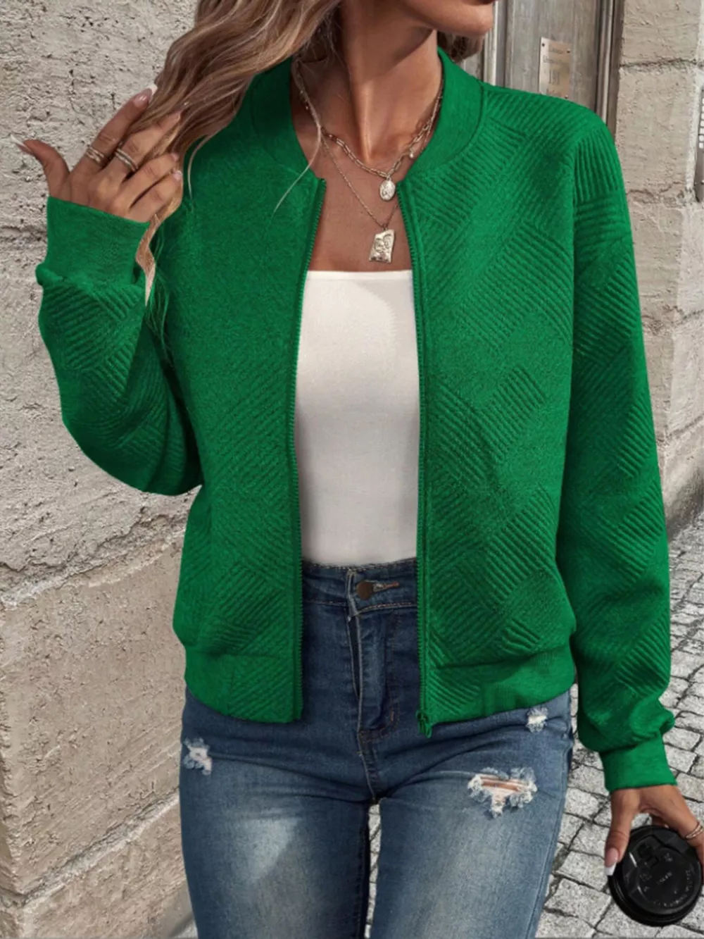 Textured Knit Zip-Up Bomber Jacket, image 7