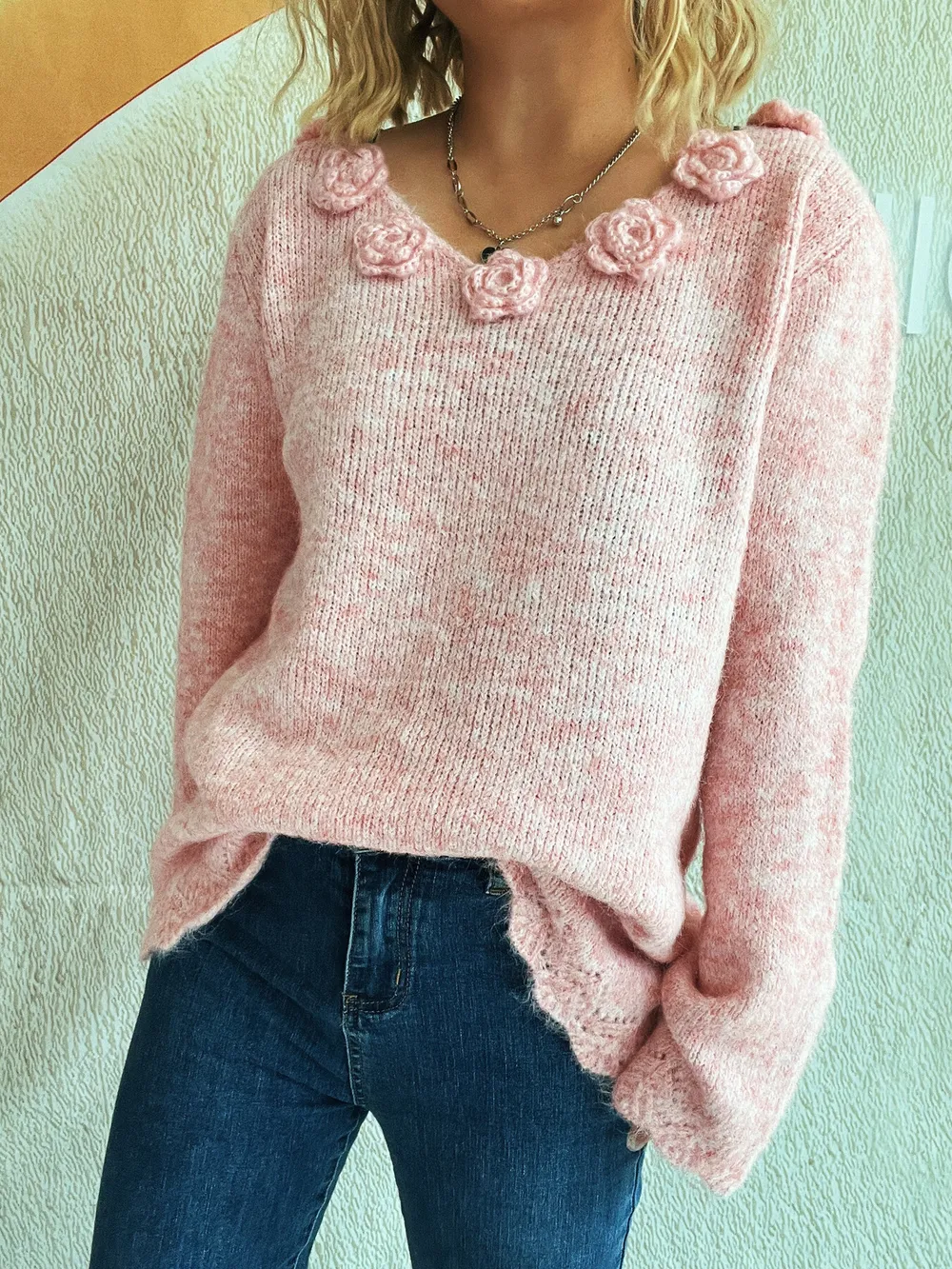 Flower V-Neck Long Sleeve Sweater, image 16