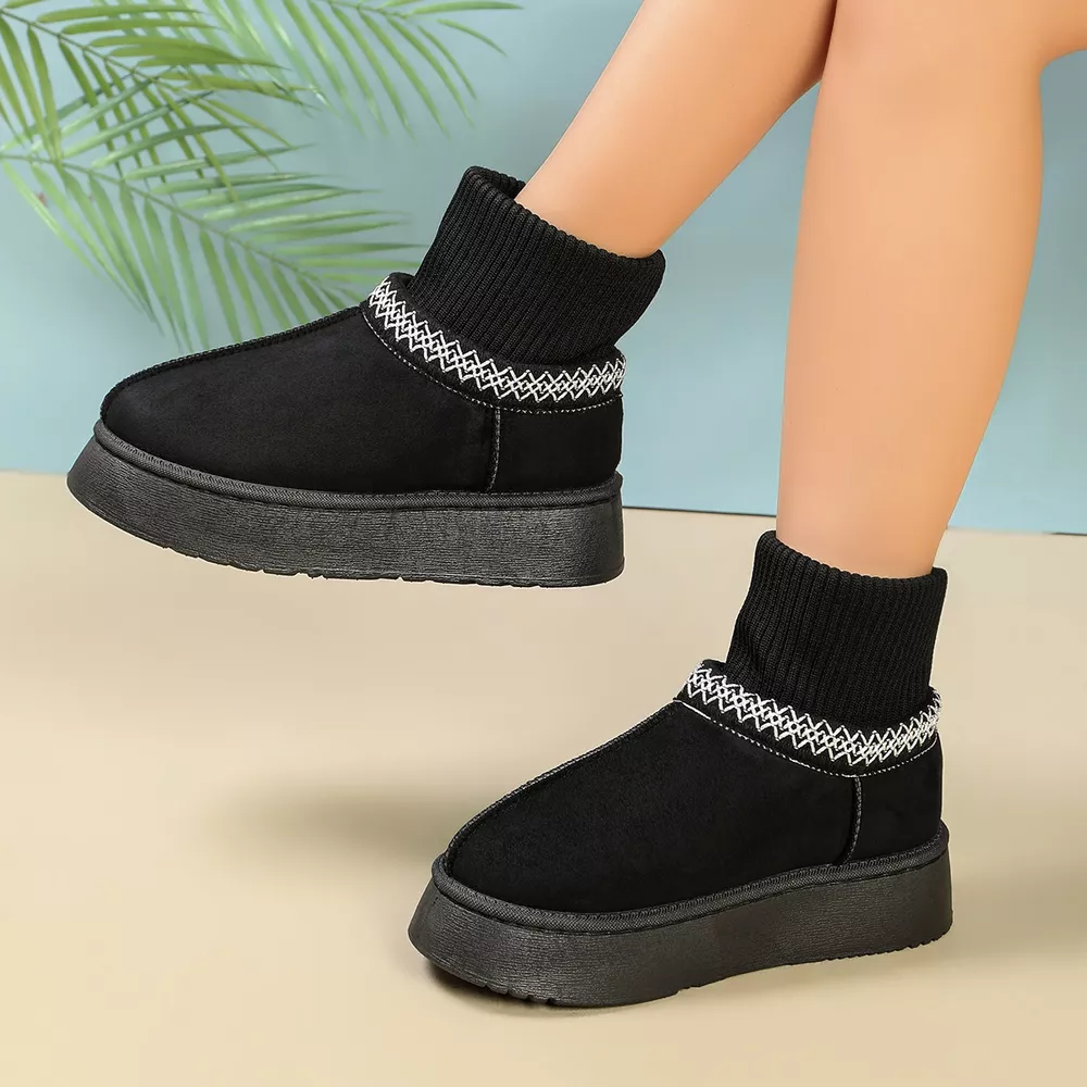 Cozy Knit-Cuff Platform Suede Boots with Decorative Trim