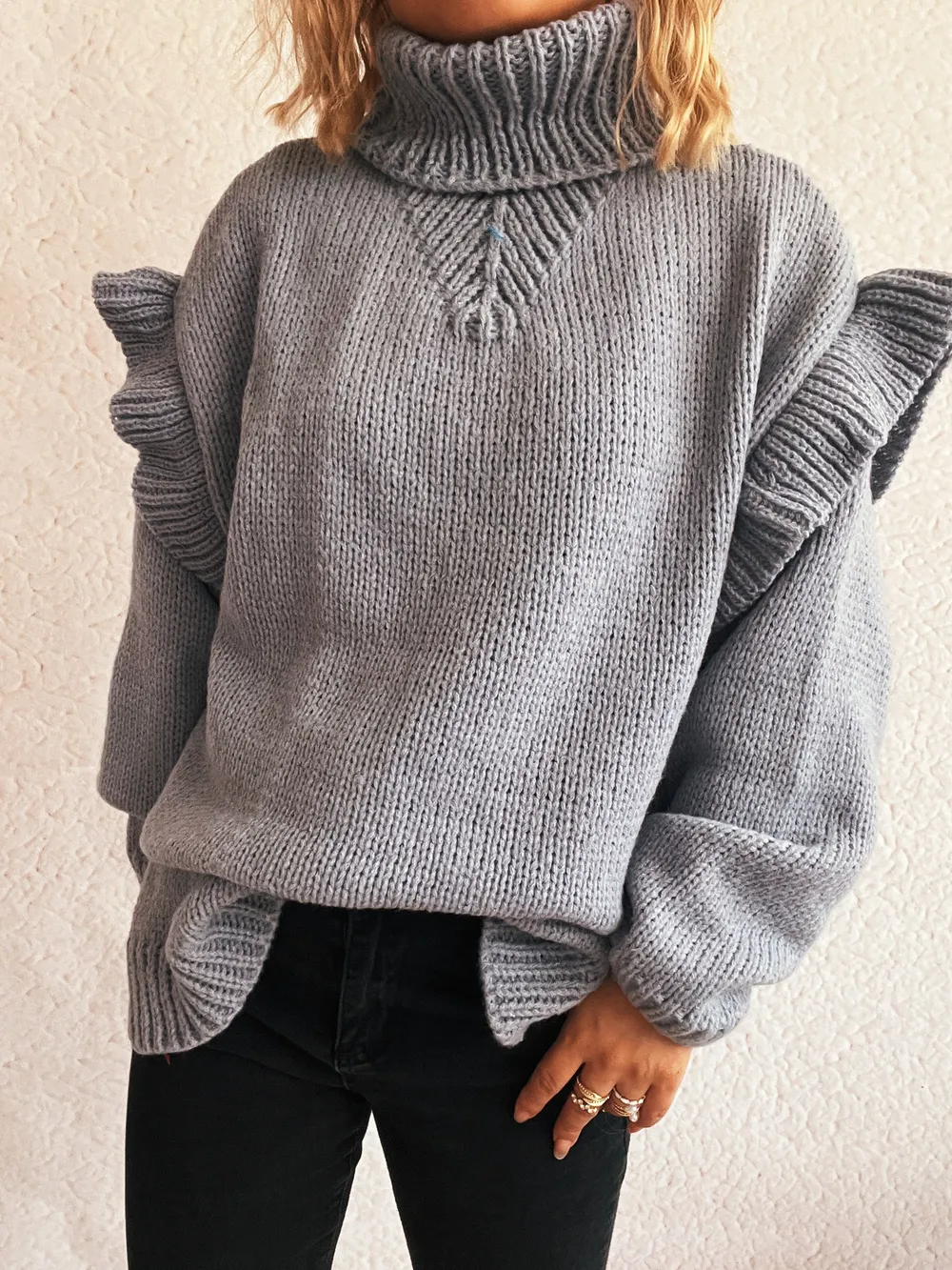 Ruffled Turtleneck Long Sleeve Sweater, image 2