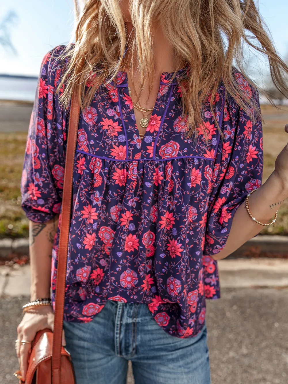Floral Half Sleeve Split Neck Blouse Top, image 5