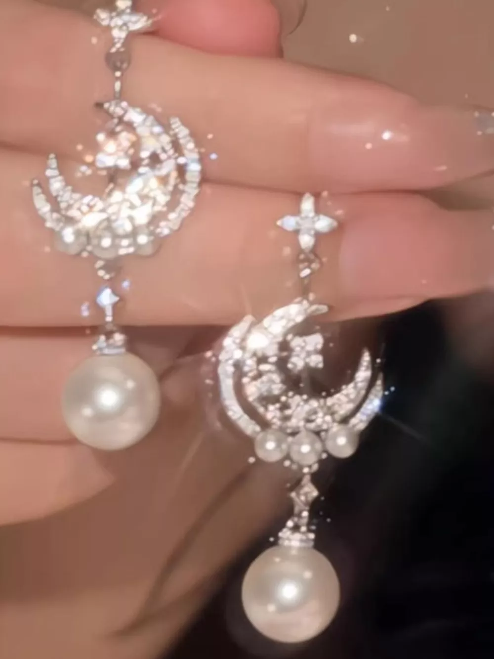 Moon & Star Pearl Dangle Earrings, image 4