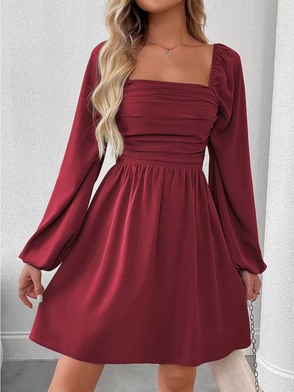 Ruched Square Neck Long Sleeve A-Line Dress, image 21