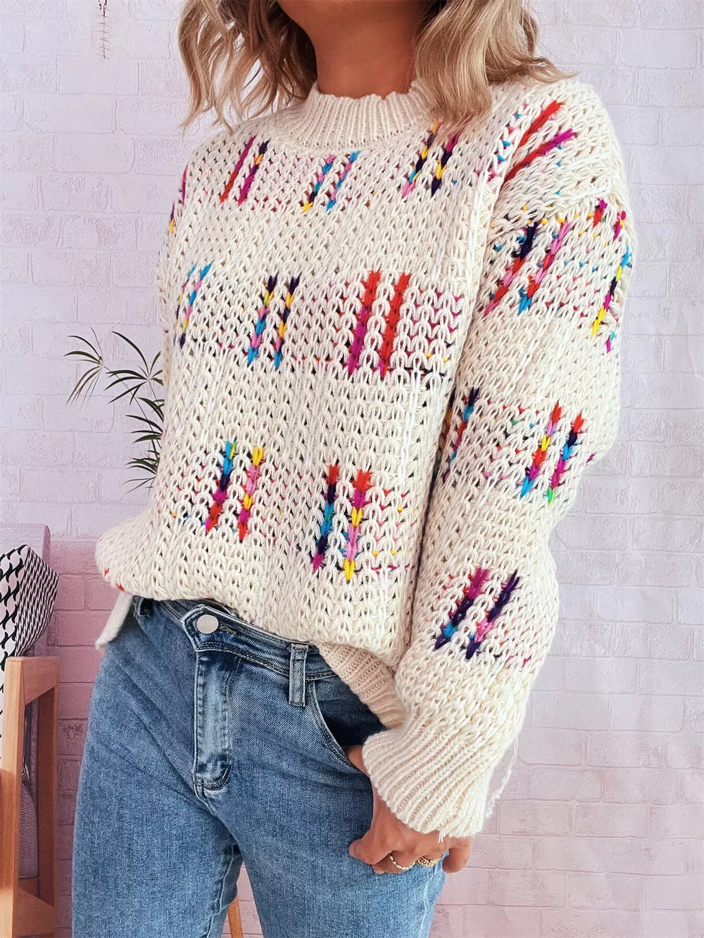 Colorful Round Neck Long Sleeve Sweater, image 3