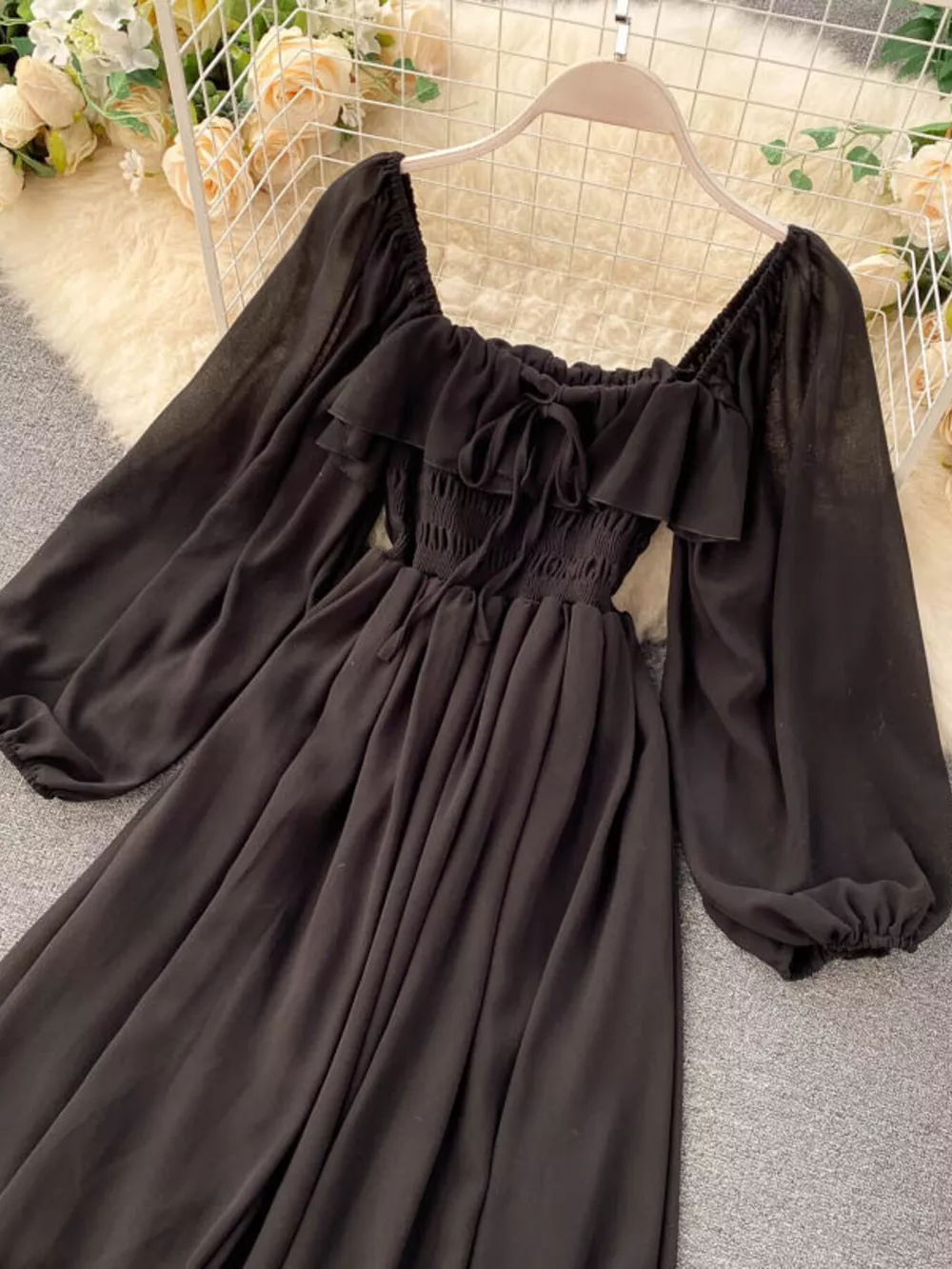 Ruffle Square Neck Balloon Sleeve A-Line Dress, image 13