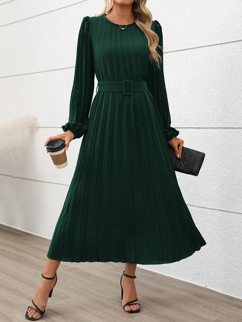 Pleated Round Neck Long Sleeve Dress, image 12