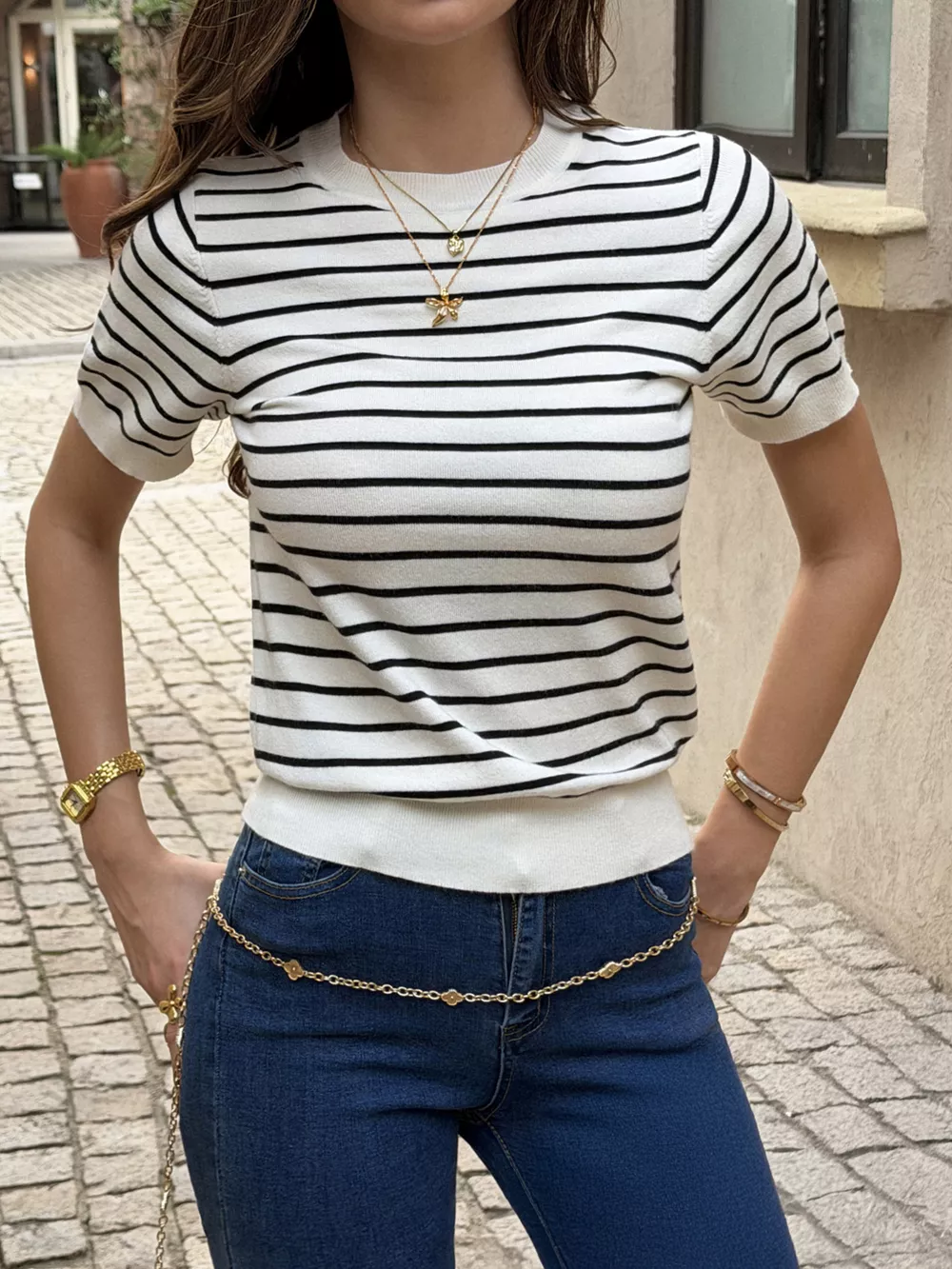 Striped Short-Sleeve Knit Top, image 2