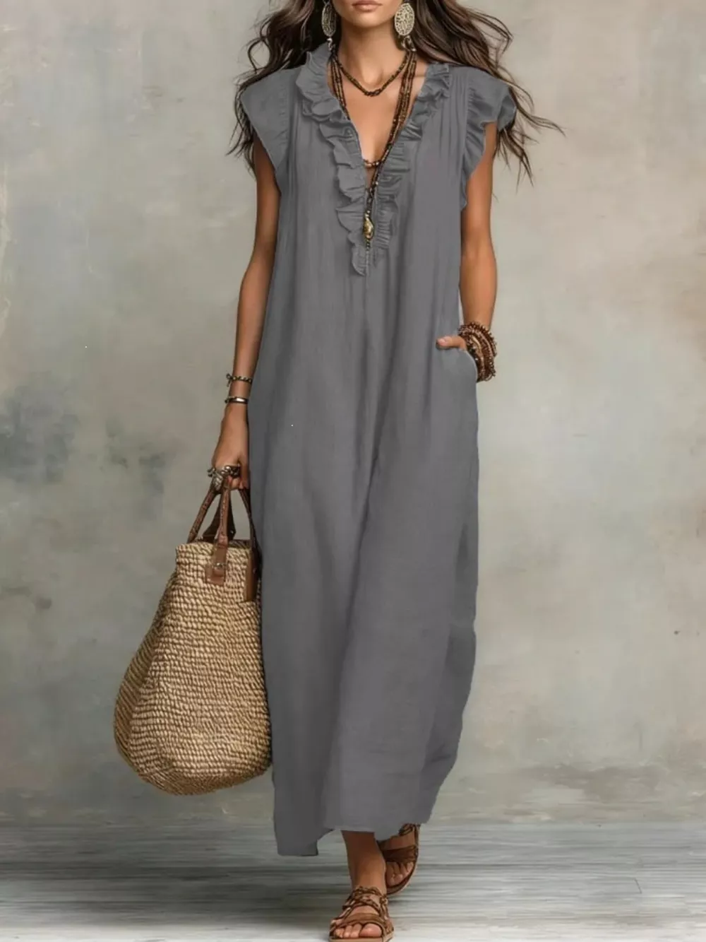 Full Size Ruffled V-Neck Cap Sleeve Maxi Dress Plus Size, image 9